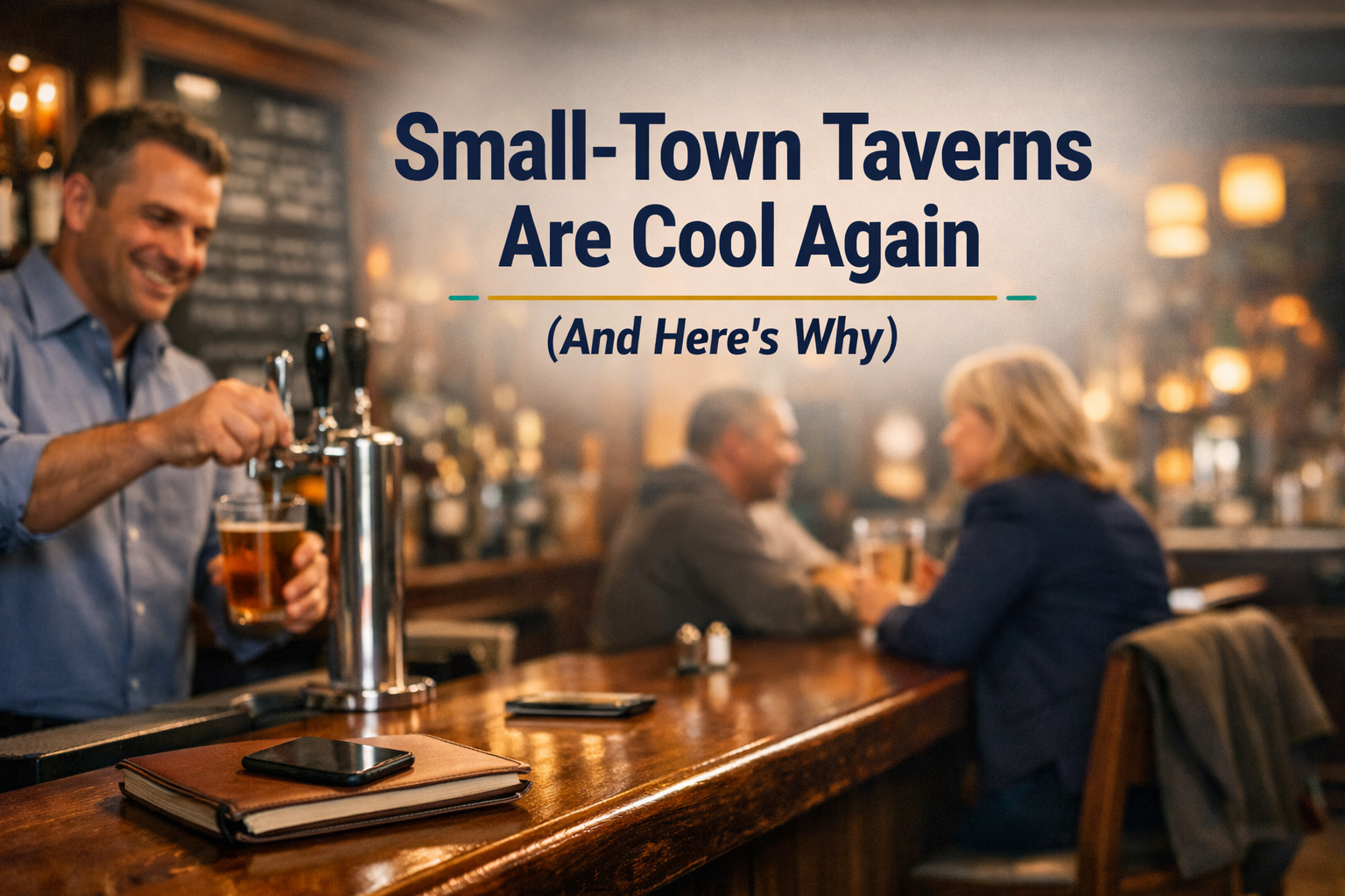 Small-town tavern comeback banner showing a cozy American tavern as a modern “third place” for community and connection.
