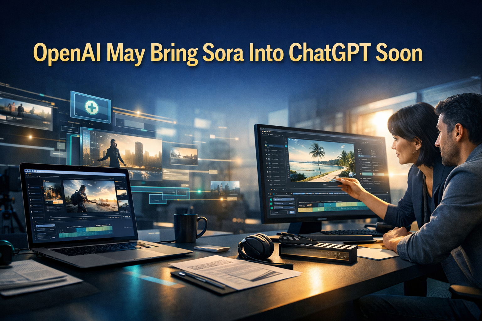 Wide banner for Sora in ChatGPT, showing a modern AI-powered business workspace with cinematic video creation visuals in navy blue, gold, teal, and light gray.