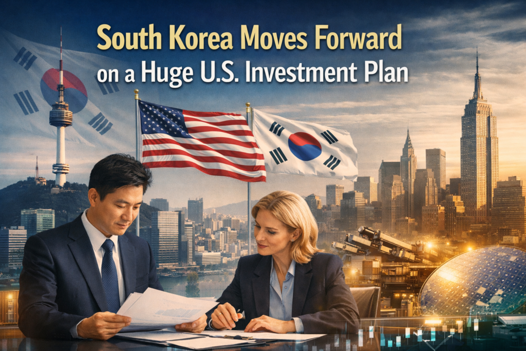 Wide banner for South Korea U.S. investment bill, showing a business-style international investment scene with Seoul and U.S. economic visuals.