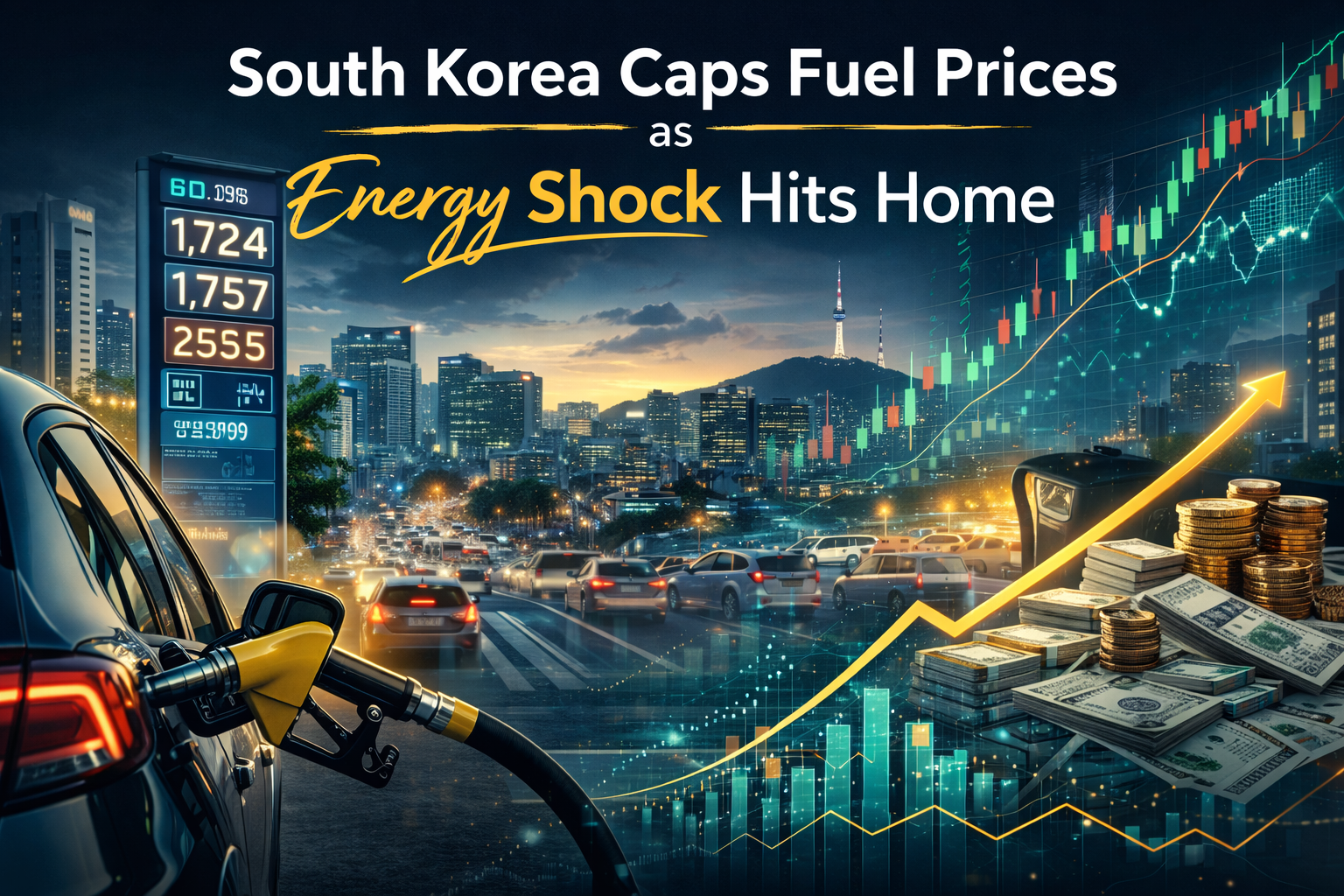 Wide economic news banner for South Korea fuel price cap, featuring Korean city and fuel imagery, market stress, and government action during an energy shock.