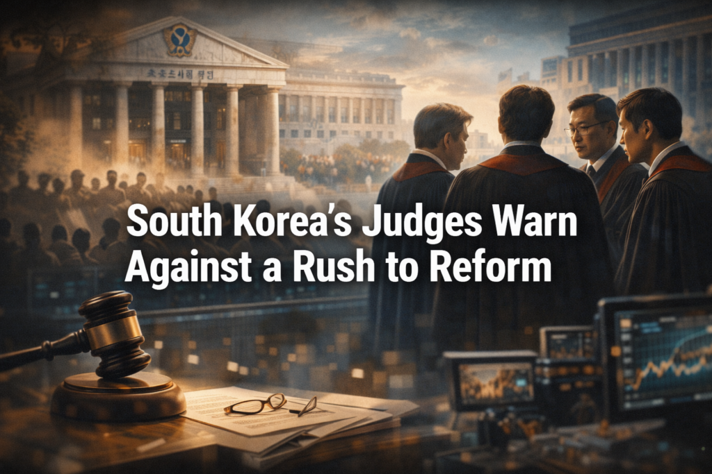 Wide banner image for South Korea judicial reform, showing a serious courthouse or judicial setting, legal professionals, and a polished editorial news style.