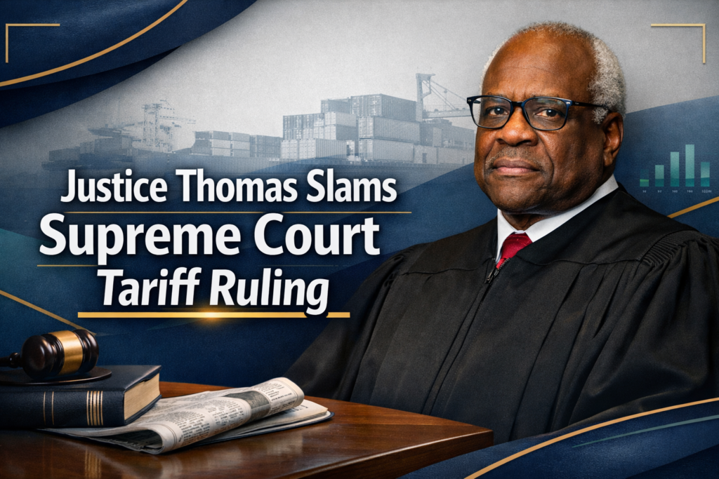Supreme Court tariffs ruling banner showing a modern legal and trade-themed desk in navy, gold, and teal.