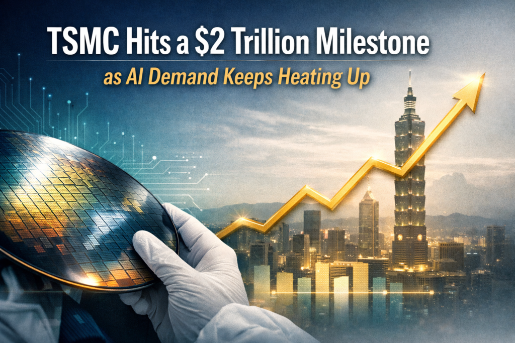 Photographic tech banner showing chips, a wafer, and an upward market chart representing the TSMC $2 trillion market cap milestone driven by AI demand.
