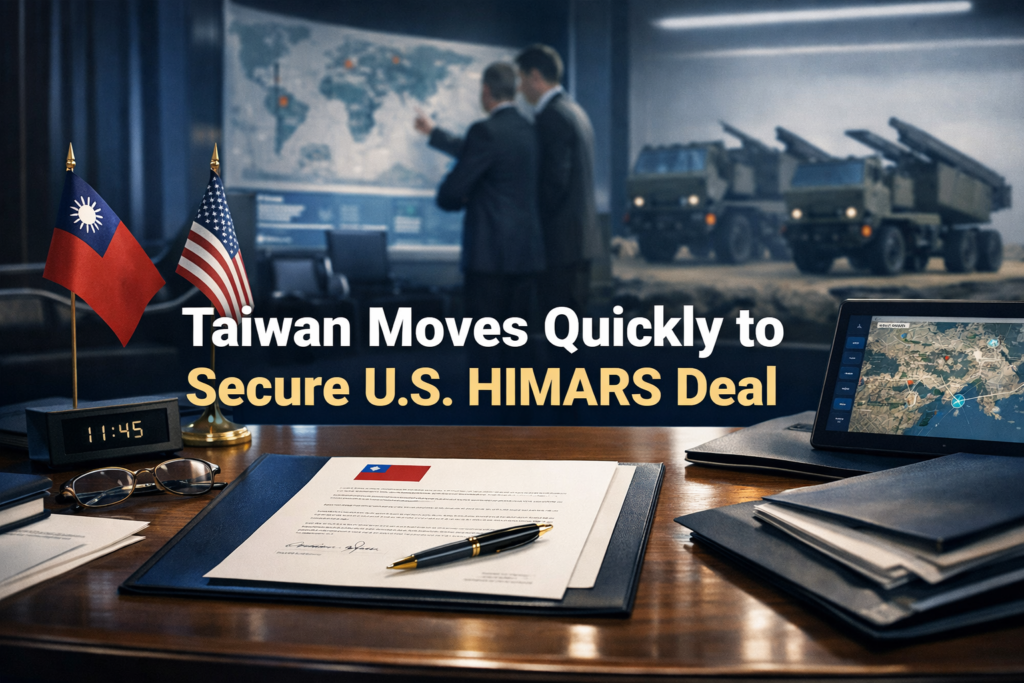 Wide banner for Taiwan HIMARS purchase letter, featuring a formal defense agreement scene with military planning and official documents.