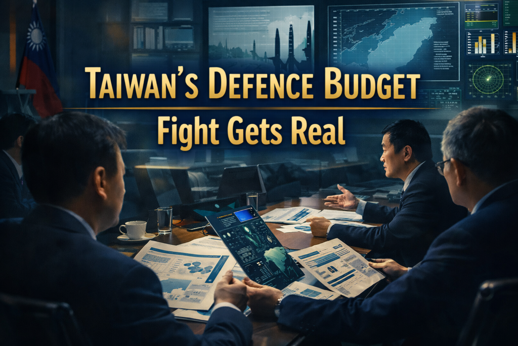 Wide banner for Taiwan defence budget debate, showing a tense government strategy scene with defence planning documents, briefing screens, and high-level political decision-making.
