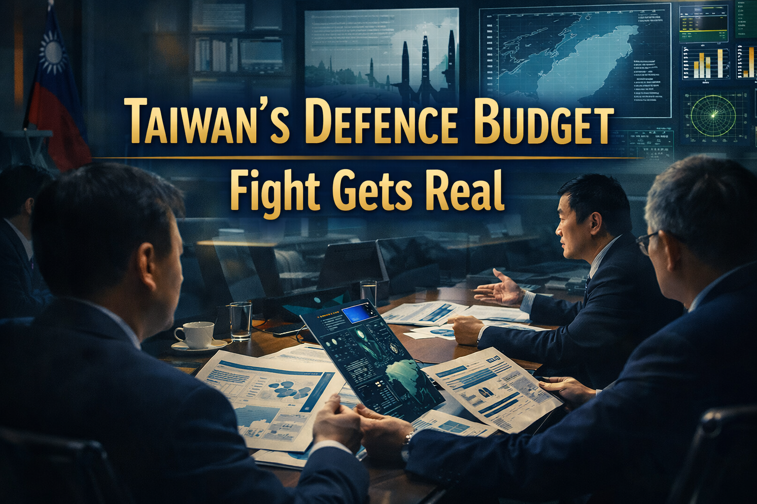 Wide banner for Taiwan defence budget debate, showing a tense government strategy scene with defence planning documents, briefing screens, and high-level political decision-making.