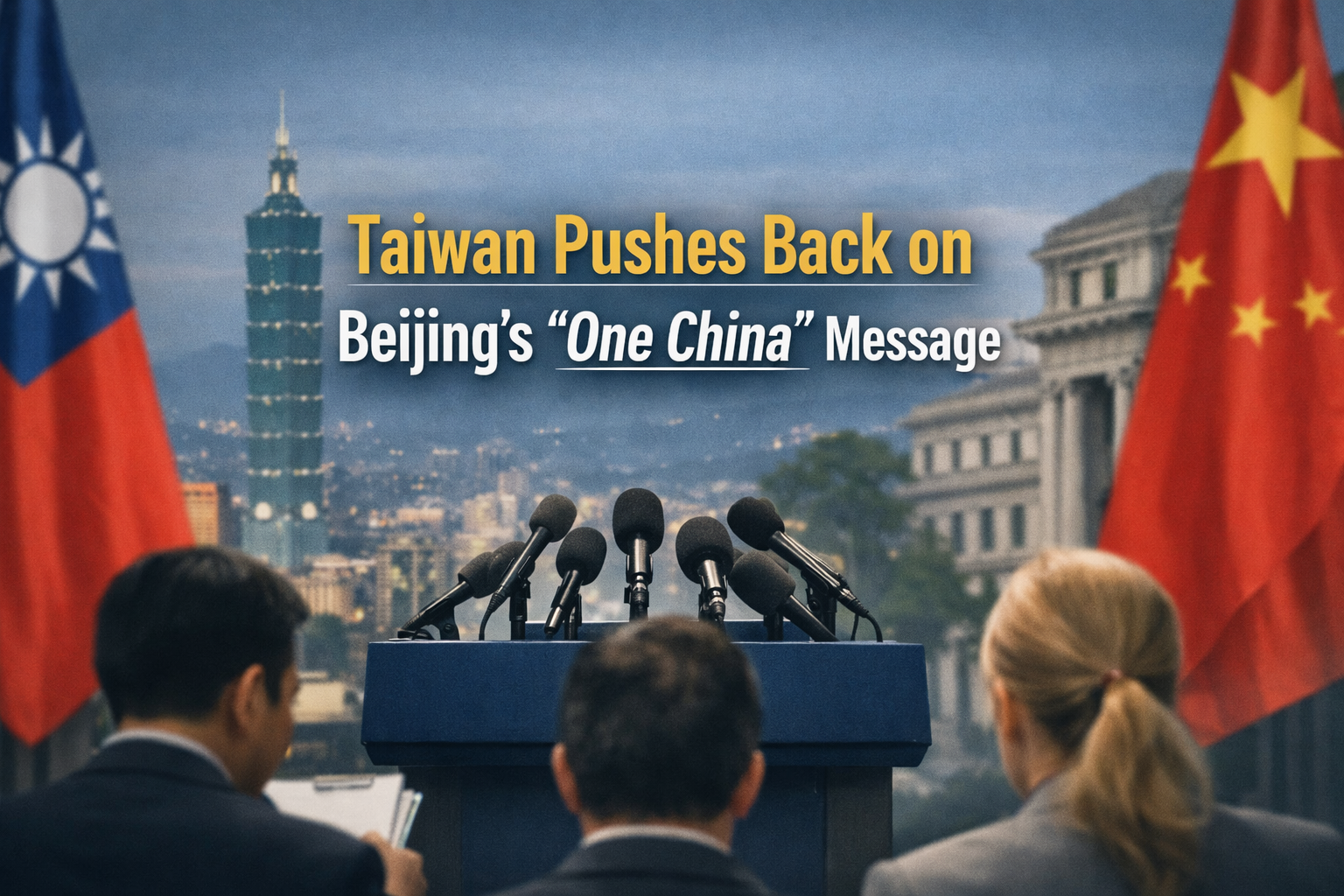 Wide banner showing diplomatic tension as Taiwan rejects one China in a serious international political news setting.