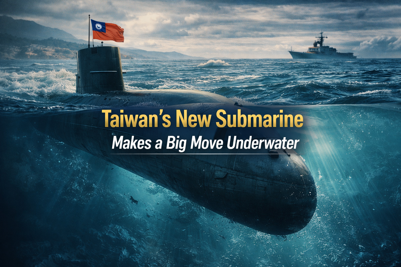 Wide banner for Taiwan submarine trial article showing a modern submarine underwater in a dramatic defense-focused maritime scene