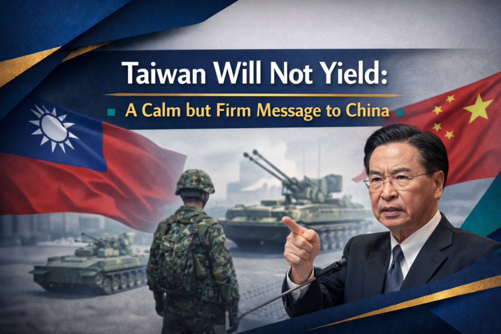 Taiwan will not yield banner showing the Taiwan flag and PRC flag facing off, with military vehicles, a soldier silhouette, and a stern Taiwanese foreign minister in a navy, gold, gray, and teal news layout.