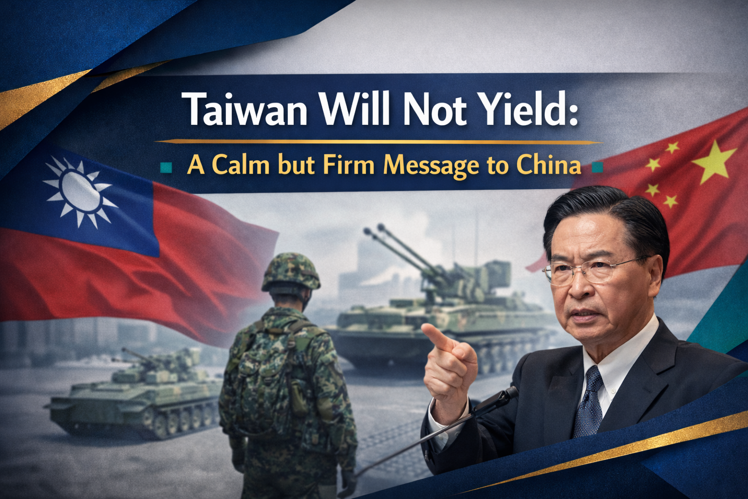 Taiwan will not yield banner showing the Taiwan flag and PRC flag facing off, with military vehicles, a soldier silhouette, and a stern Taiwanese foreign minister in a navy, gold, gray, and teal news layout.