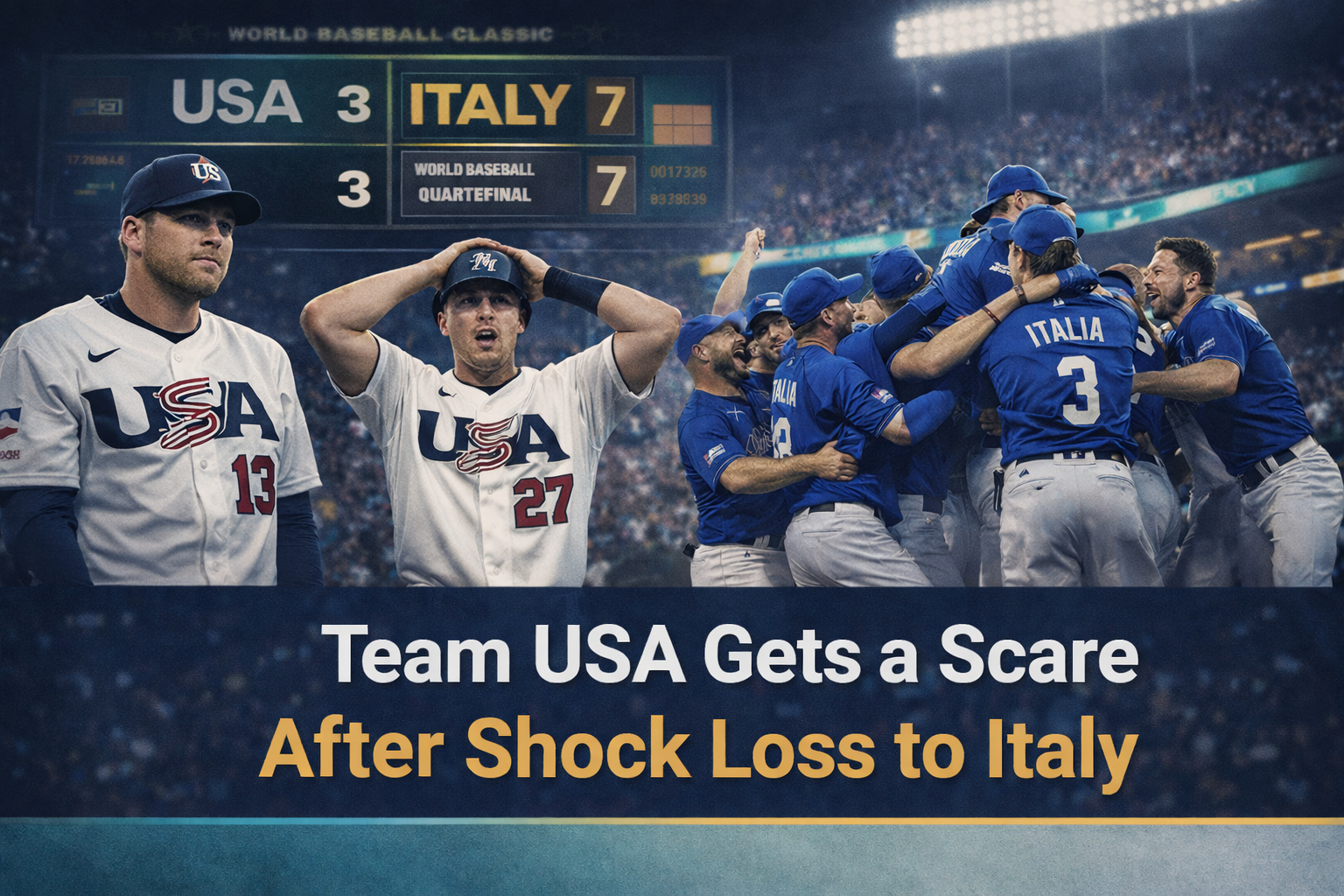 Wide banner for Team USA-Italy WBC quarterfinals, showing a dramatic World Baseball Classic upset with tense U.S. players and celebrating Italian players.