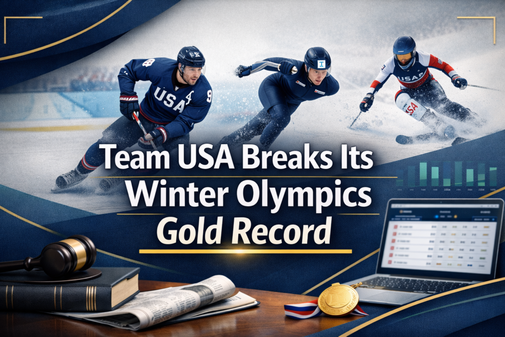 Team USA Winter Olympics record banner with a clean studio-style desk, medal accents, and modern stats overlays in navy, gold, and teal.