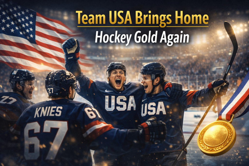 Wide banner image for Team USA men's hockey gold, showing American hockey players celebrating a dramatic Olympic-style victory on the ice with championship energy and patriotic sports visuals.