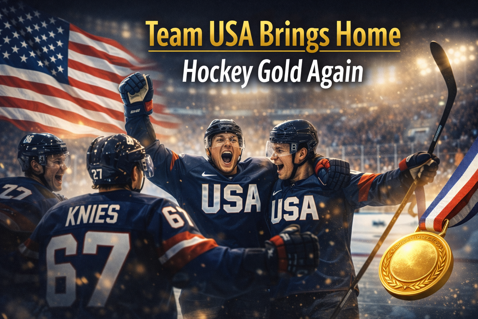 Wide banner image for Team USA men's hockey gold, showing American hockey players celebrating a dramatic Olympic-style victory on the ice with championship energy and patriotic sports visuals.