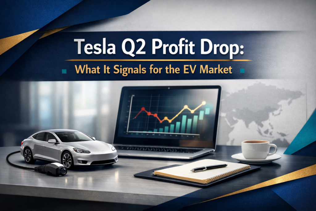 Tesla Q2 profit drop banner showing a business desk with EV market chart visuals in navy, gold, and teal.