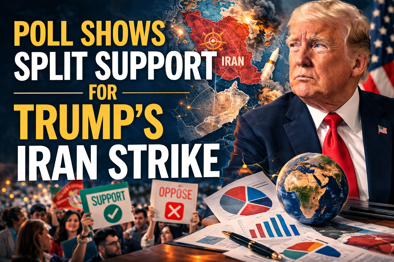 Wide banner image for Trump Iran strike poll support, showing polling graphics, political analysis visuals, and a divided public opinion theme in a serious editorial style.