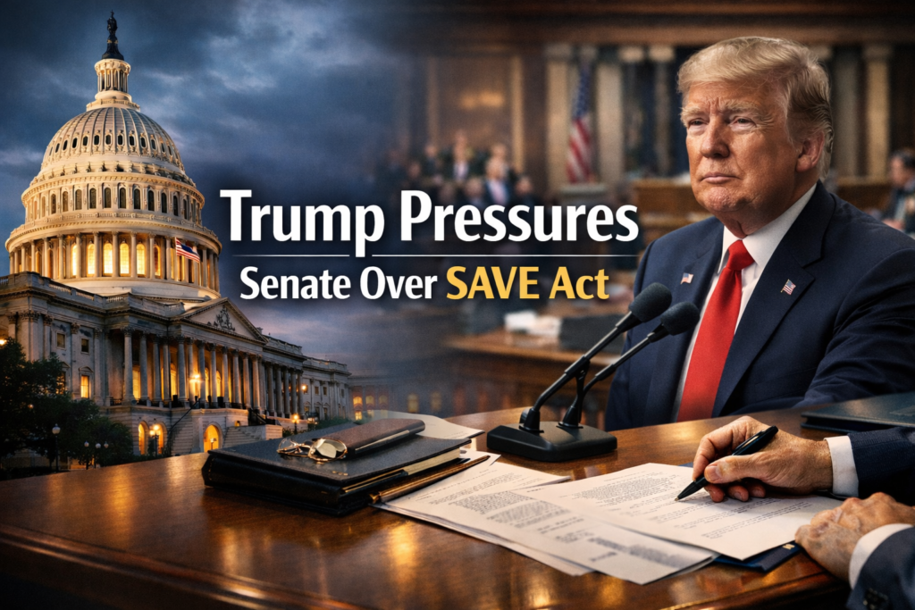 Wide banner image for Trump SAVE Act pressure, showing a dramatic Capitol and Senate-themed political scene with legislative documents and business-style editorial design.
