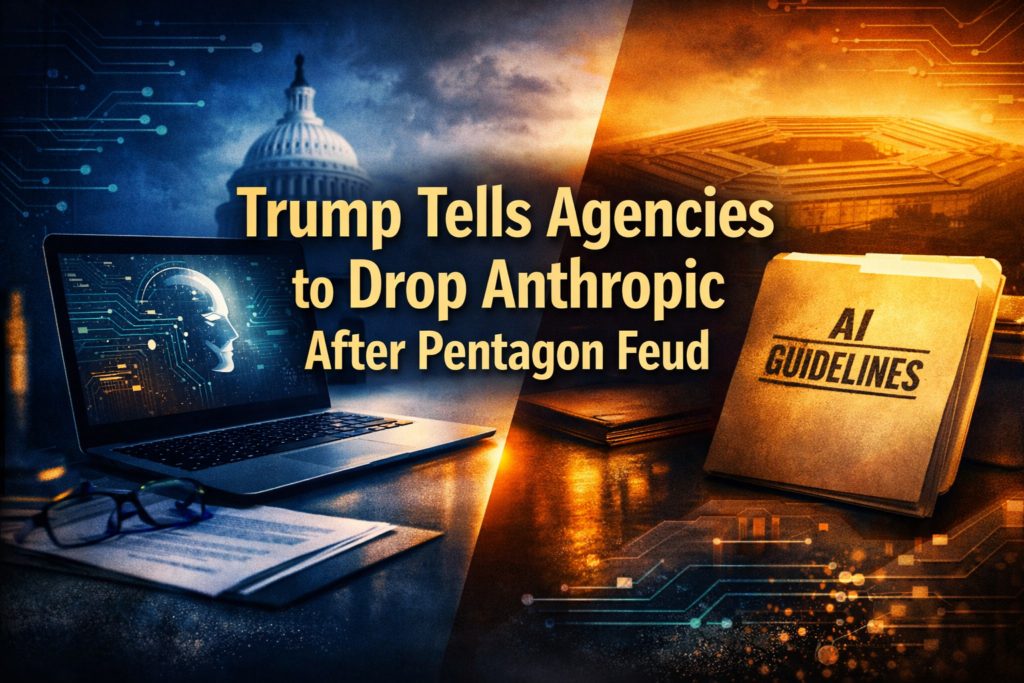 Trump bans Anthropic AI as agencies end use amid Pentagon feud, shown with government-tech visuals in navy and gold.
