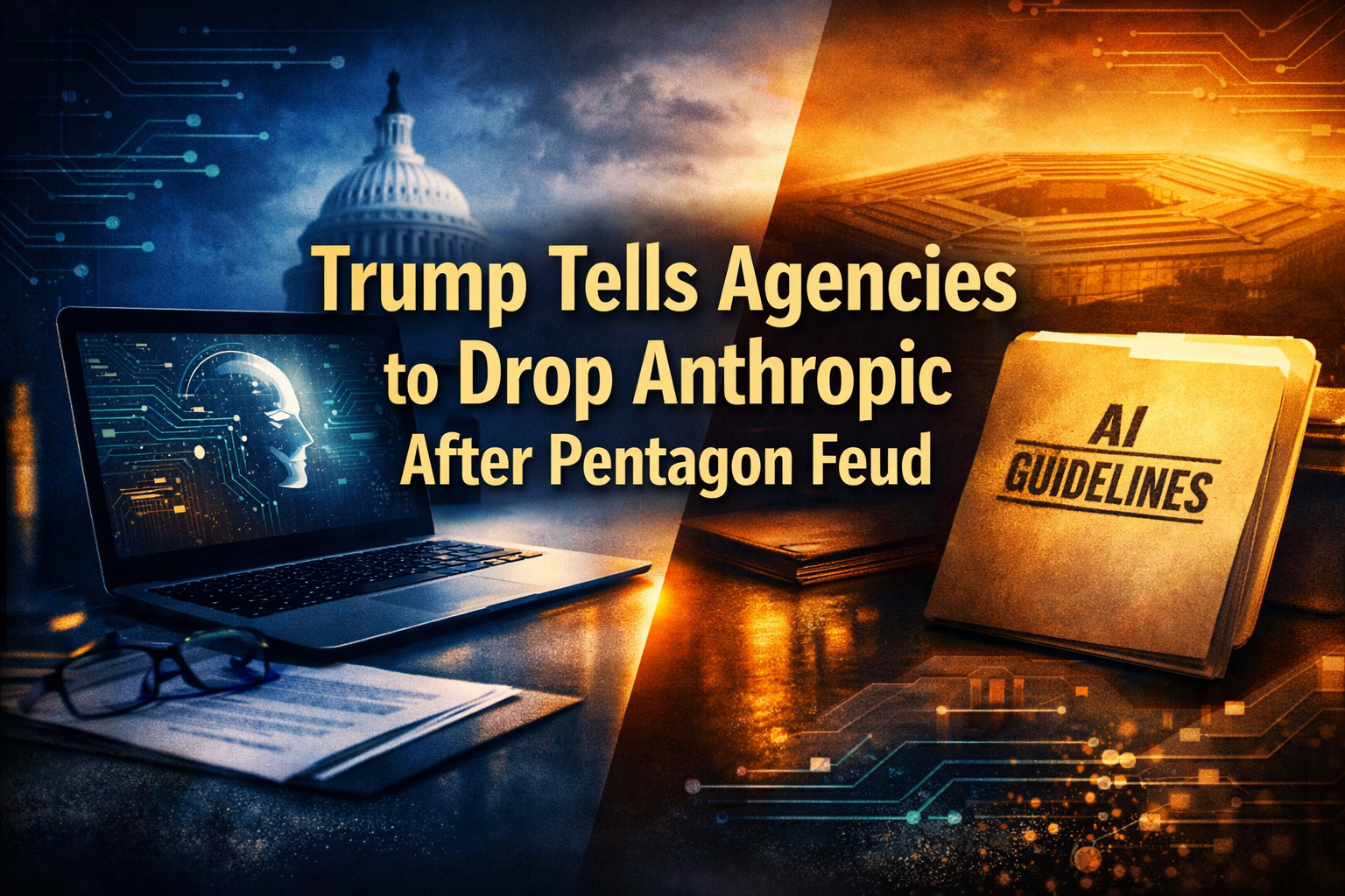 Trump bans Anthropic AI as agencies end use amid Pentagon feud, shown with government-tech visuals in navy and gold.