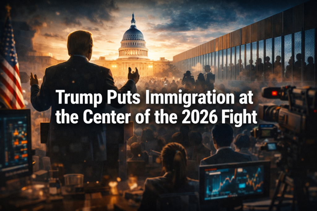 Wide banner image for Trump immigration strategy, showing a polished U.S. political scene with campaign energy, immigration debate visuals, and a serious election atmosphere.