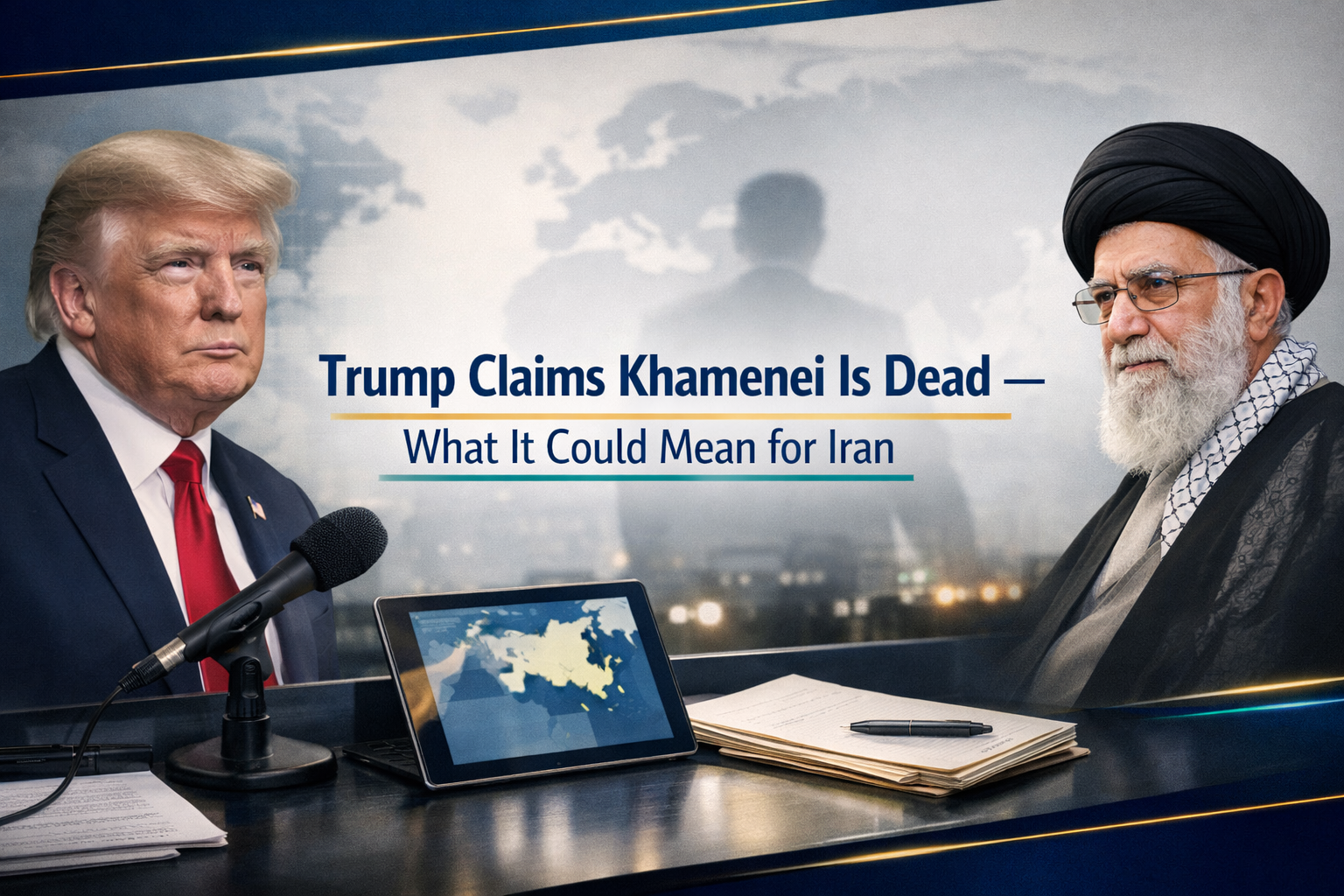Banner image for Trump says Khamenei is dead showing Donald Trump and Ayatollah Ali Khamenei facing each other across a modern newsroom desk with a world map screen, microphone, and notes in navy-and-gold styling.