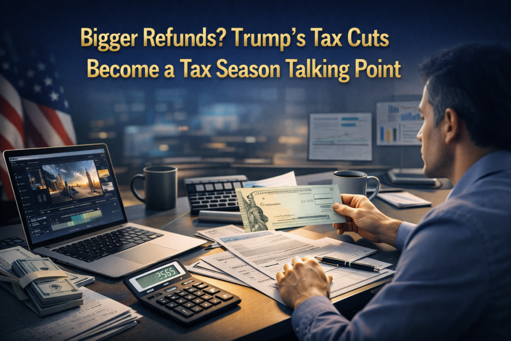 Wide banner for Trump tax cuts and refunds, featuring a business-style tax season scene with refund documents, financial tools, and professional U.S. money visuals in navy blue, gold, teal, and light gray.