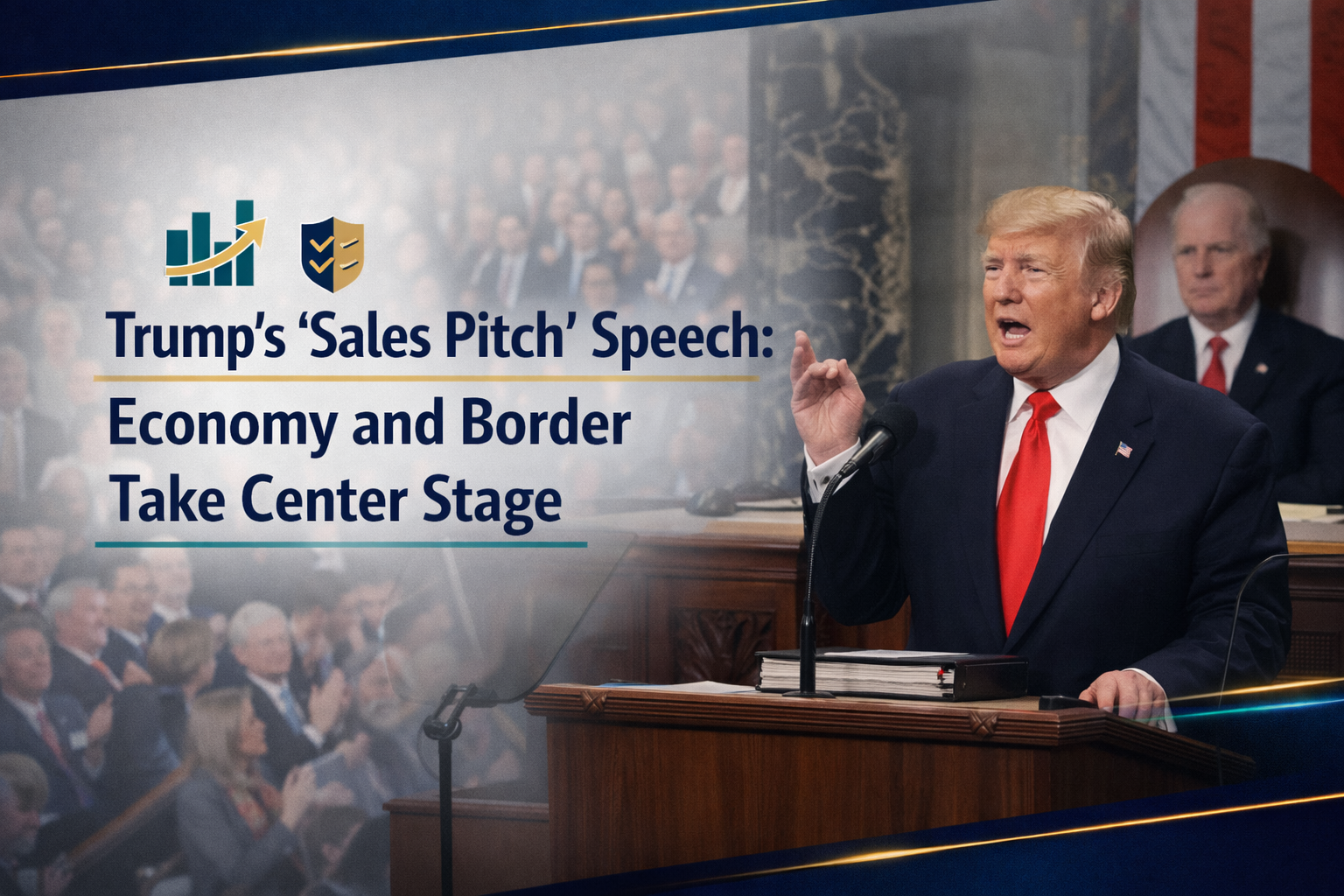 Banner image for Trump's economy and border speech showing Donald Trump delivering a State of the Union address in front of Congress, with navy-blue headlines, gold accent lines, and teal business-style icons for the economy and border.