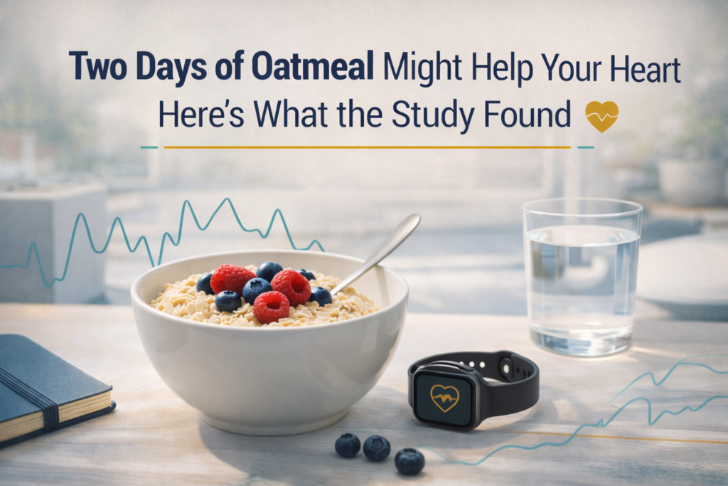 Two-day oatmeal diet banner showing a healthy bowl of oatmeal and subtle heart-health visuals in a business-casual wellness setting.