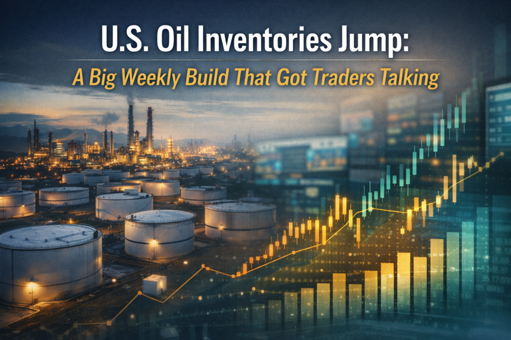 Photographic energy-market banner with storage tanks and price-chart overlays illustrating U.S. crude oil stockpiles rising in a large weekly build.