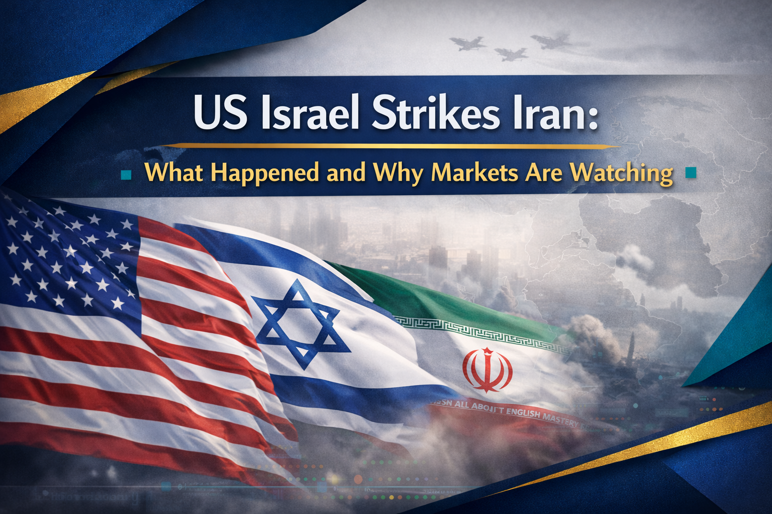 US Israel strikes Iran banner with US, Israel, and Iran flags, regional map overlay, faint aircraft silhouettes, and smoke haze over Tehran in navy, gold, and teal.