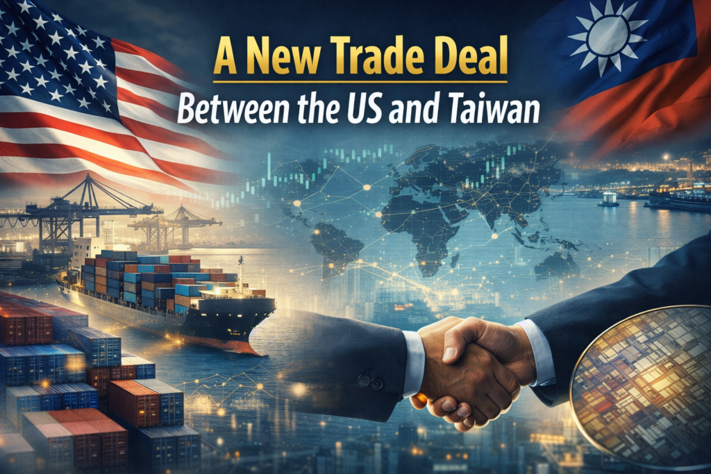 Wide banner image for US-Taiwan tariff deal, featuring US and Taiwan trade visuals, shipping containers, global supply chain imagery, business cooperation, and technology-themed economic design.