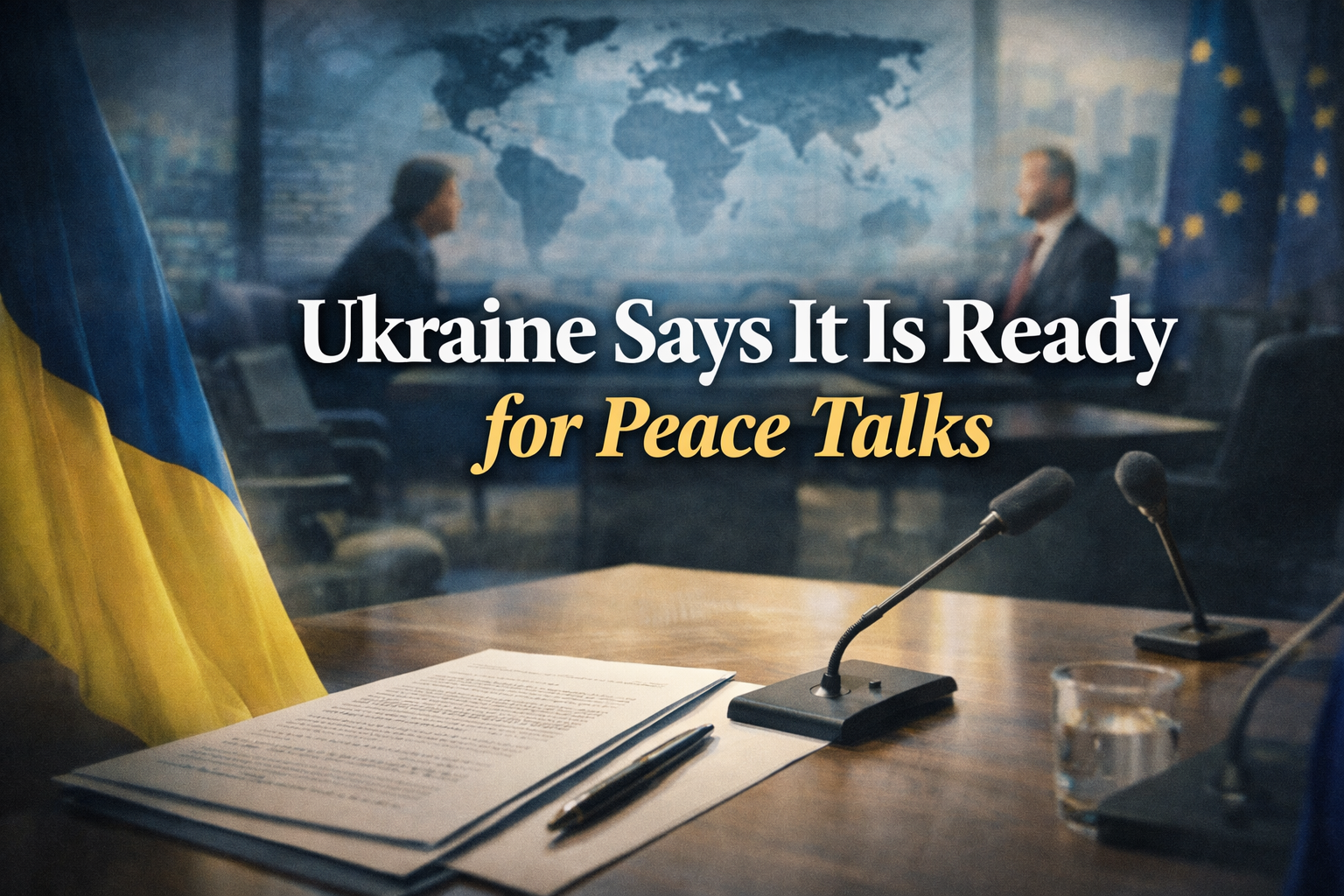 Wide banner for Ukraine peace talks, featuring a diplomatic negotiation setting with international policy visuals and a serious global affairs atmosphere.