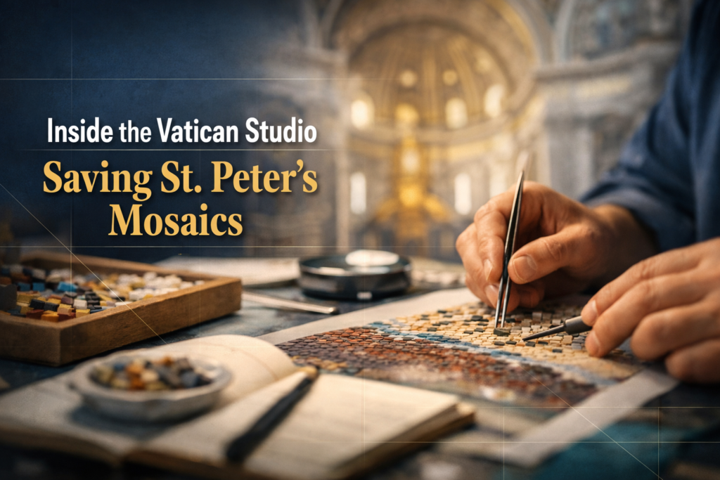 Vatican mosaic studio artisans restoring St. Peter’s Basilica mosaics in a careful workshop setting