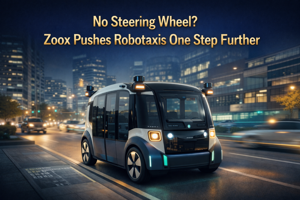 Wide banner for Zoox robotaxis without steering wheels, showing a futuristic autonomous vehicle in a modern city with premium tech and transportation visuals in navy blue, gold, teal, and light gray.