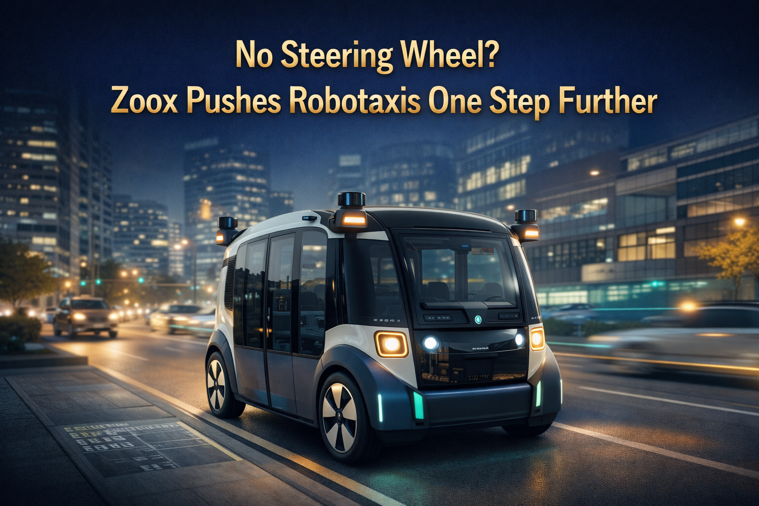 Wide banner for Zoox robotaxis without steering wheels, showing a futuristic autonomous vehicle in a modern city with premium tech and transportation visuals in navy blue, gold, teal, and light gray.