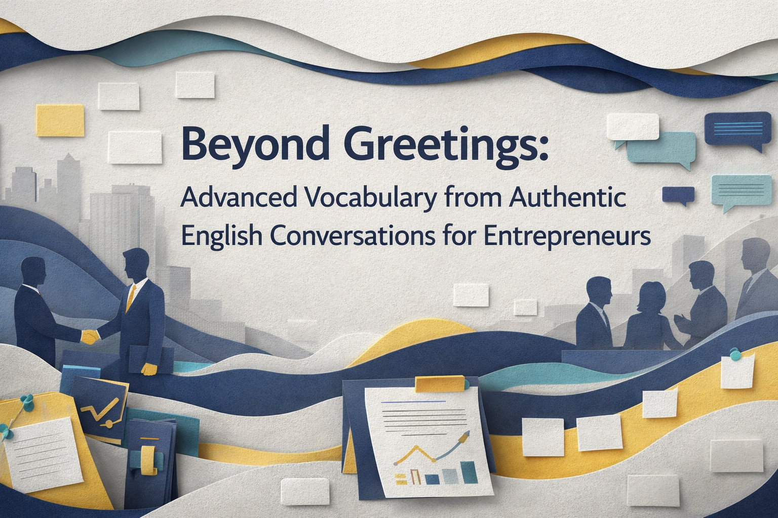 Wide 3D paper cut banner showing entrepreneurs networking with business conversation icons, representing advanced vocabulary for entrepreneurs in authentic English.