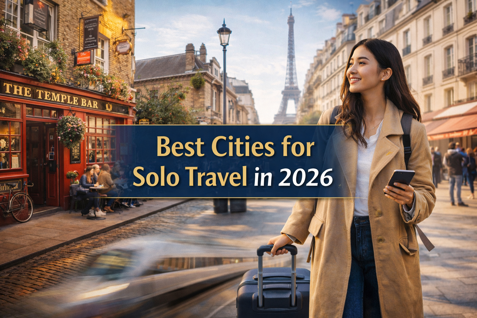 Wide banner featuring best solo travel cities with a confident solo traveler exploring a vibrant international city.