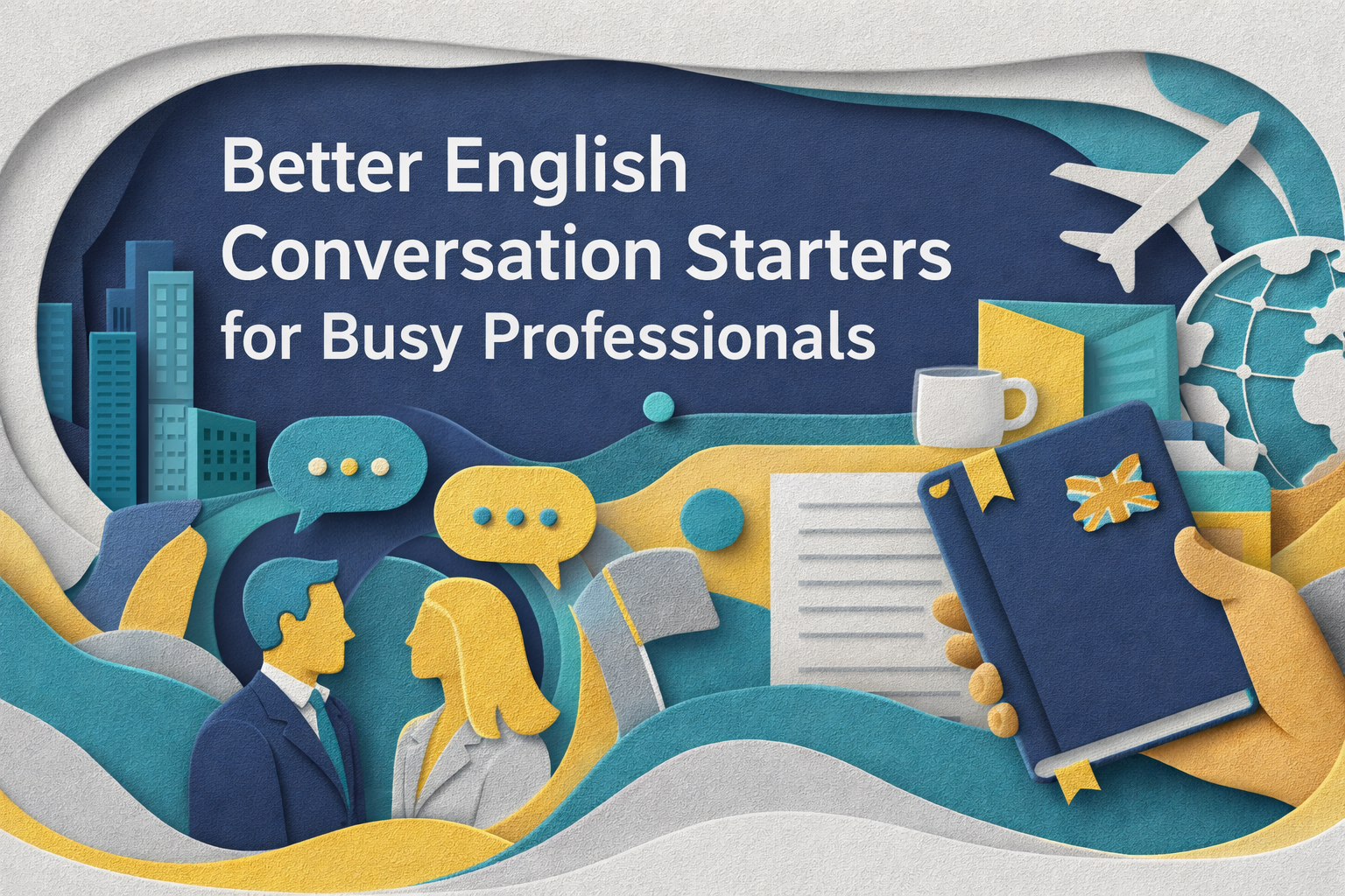 Wide 3D paper cut art banner for better English conversation starters, showing busy professionals in conversation with layered speech bubbles, a notebook, office elements, and travel-inspired visuals in navy blue, soft gold, teal, and light gray.