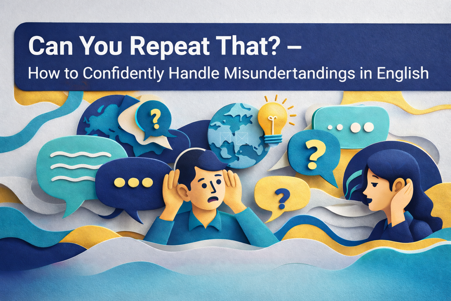 3D paper cut art banner in navy blue, soft gold, teal, and light gray showing a confused speaker and attentive listener with layered speech bubbles; title reads “Can You Repeat That?” — help with misunderstandings in English.