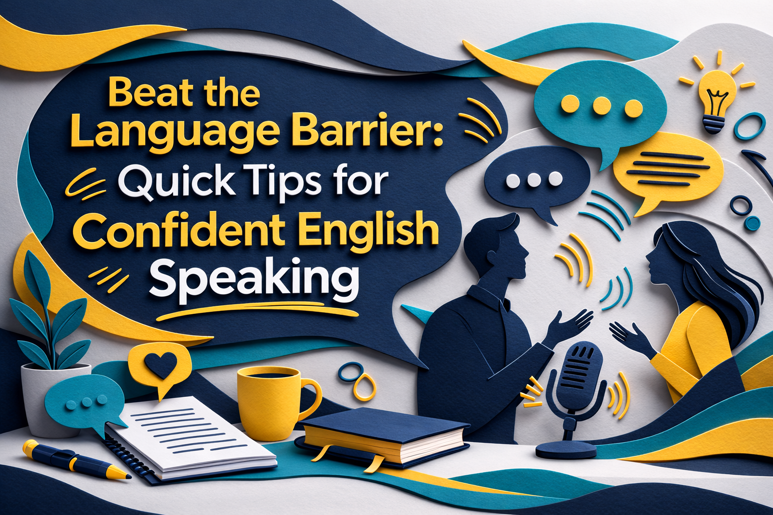3D paper cut art wide banner in Navy Blue (#001F3F), Soft Gold (#FFD700), Light Gray (#D3D3D3), and Teal (#008080), showing busy professionals talking with speech bubbles and a microphone, representing confident English speaking, with the title “Beat the Language Barrier: Quick Tips for Confident English Speaking”.
