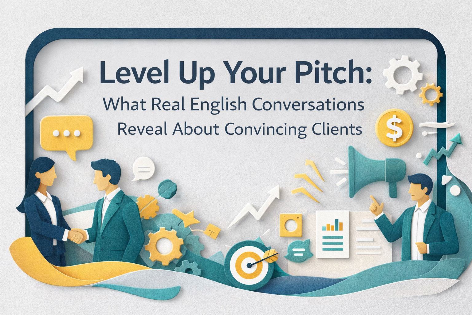 3D paper cut art banner in navy blue (#001F3F), soft gold (#FFD700), light gray (#D3D3D3), and teal (#008080) showing a handshake, speech bubbles, target, and charts for convincing clients in English, with the title “Level Up Your Pitch: What Real English Conversations Reveal About Convincing Clients”.