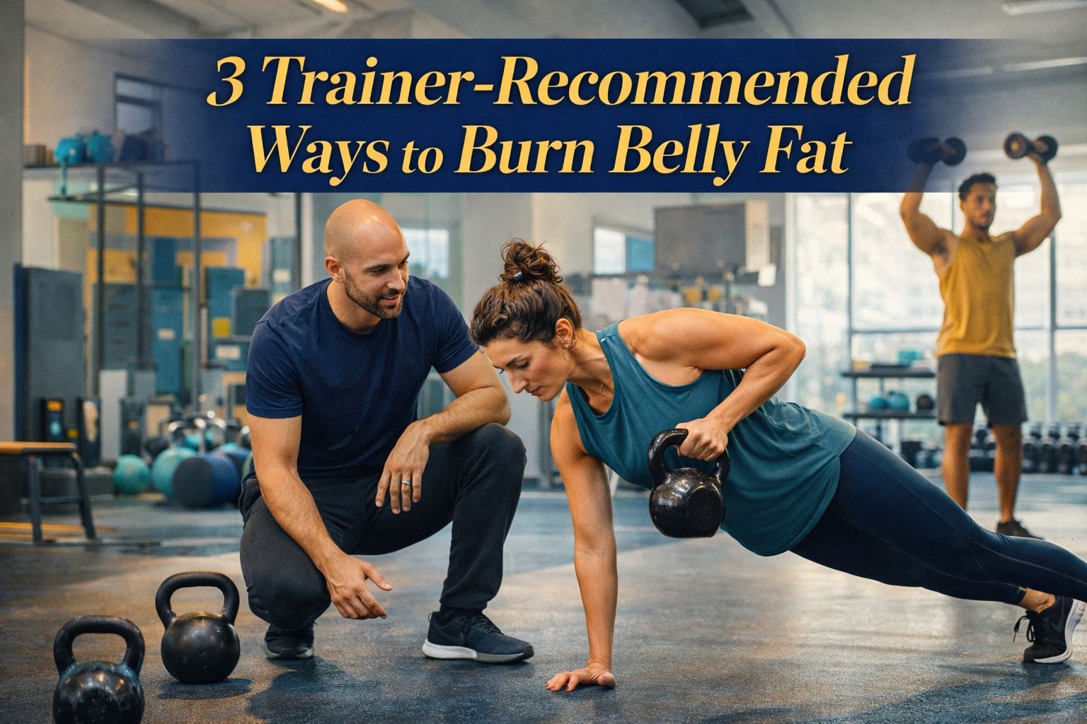 Wide fitness banner for exercises for burning belly fat showing realistic HIIT and strength training in a clean modern workout setting.