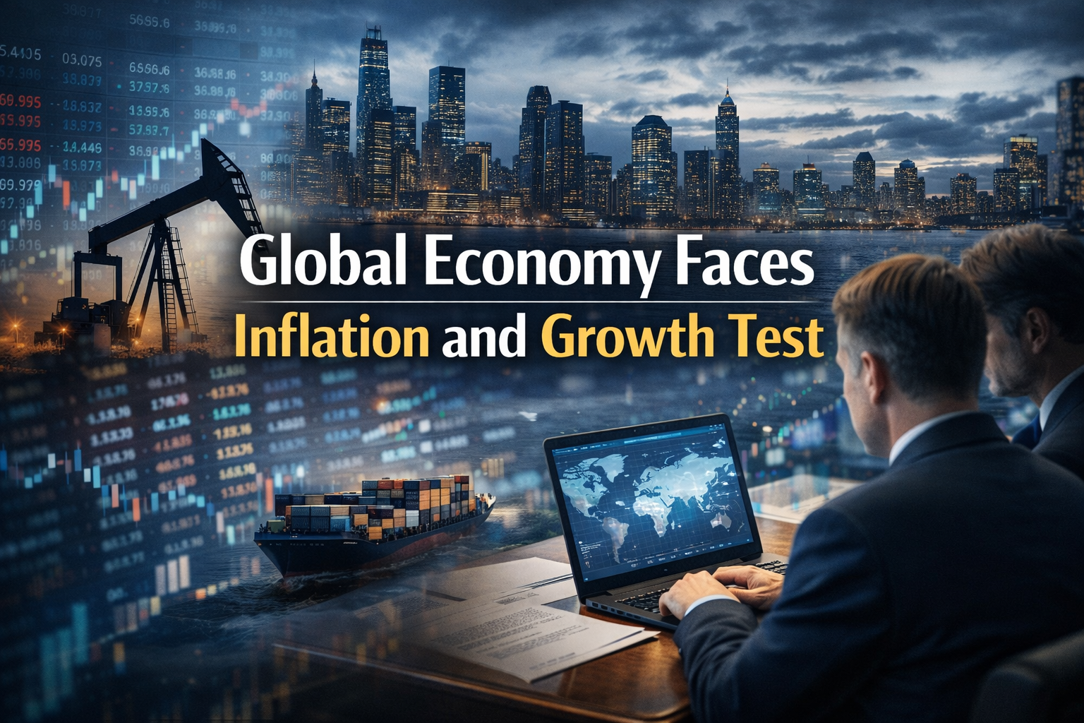 Wide banner image for global economy inflation growth test, featuring global markets, energy pressure, business data, and international financial tension.