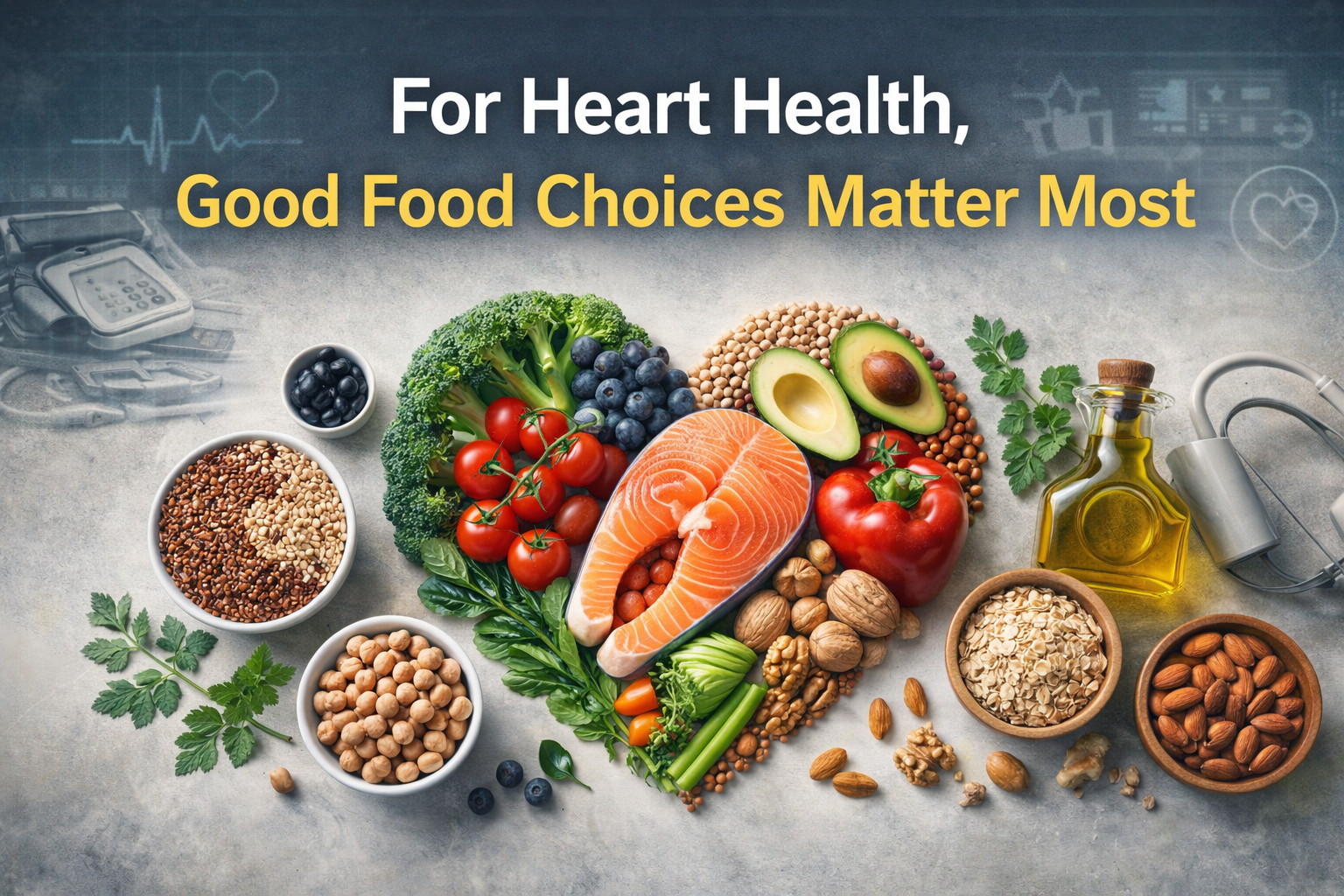 Wide banner for low-carb or low-fat heart health, featuring fresh whole foods, healthy ingredients, and a clean wellness-focused editorial design.