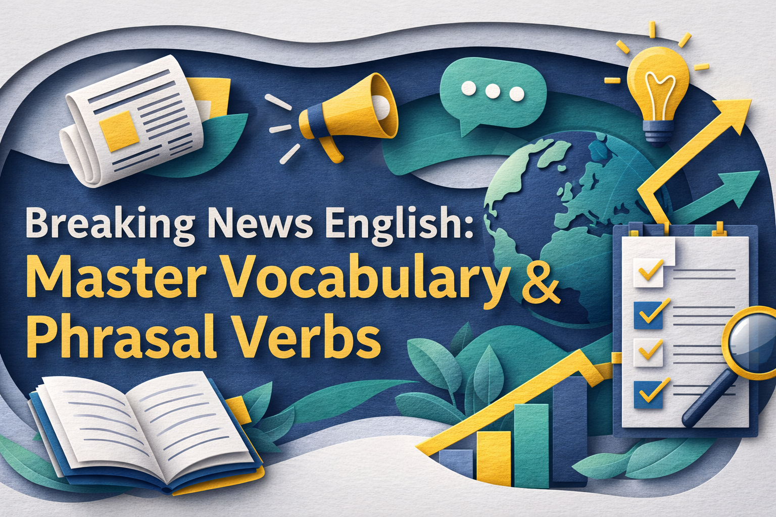 Wide 3D paper-cut banner in navy blue, soft gold, light gray, and teal showing news and language icons to help learners master vocabulary and phrasal verbs, with the title “Breaking News English: Master Vocabulary & Phrasal Verbs.”