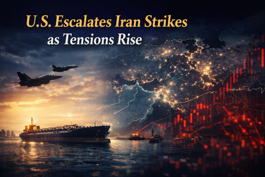 Wide banner for most intense day of strikes, showing military aircraft, Middle East mapping, shipping lanes, and energy-market tension.