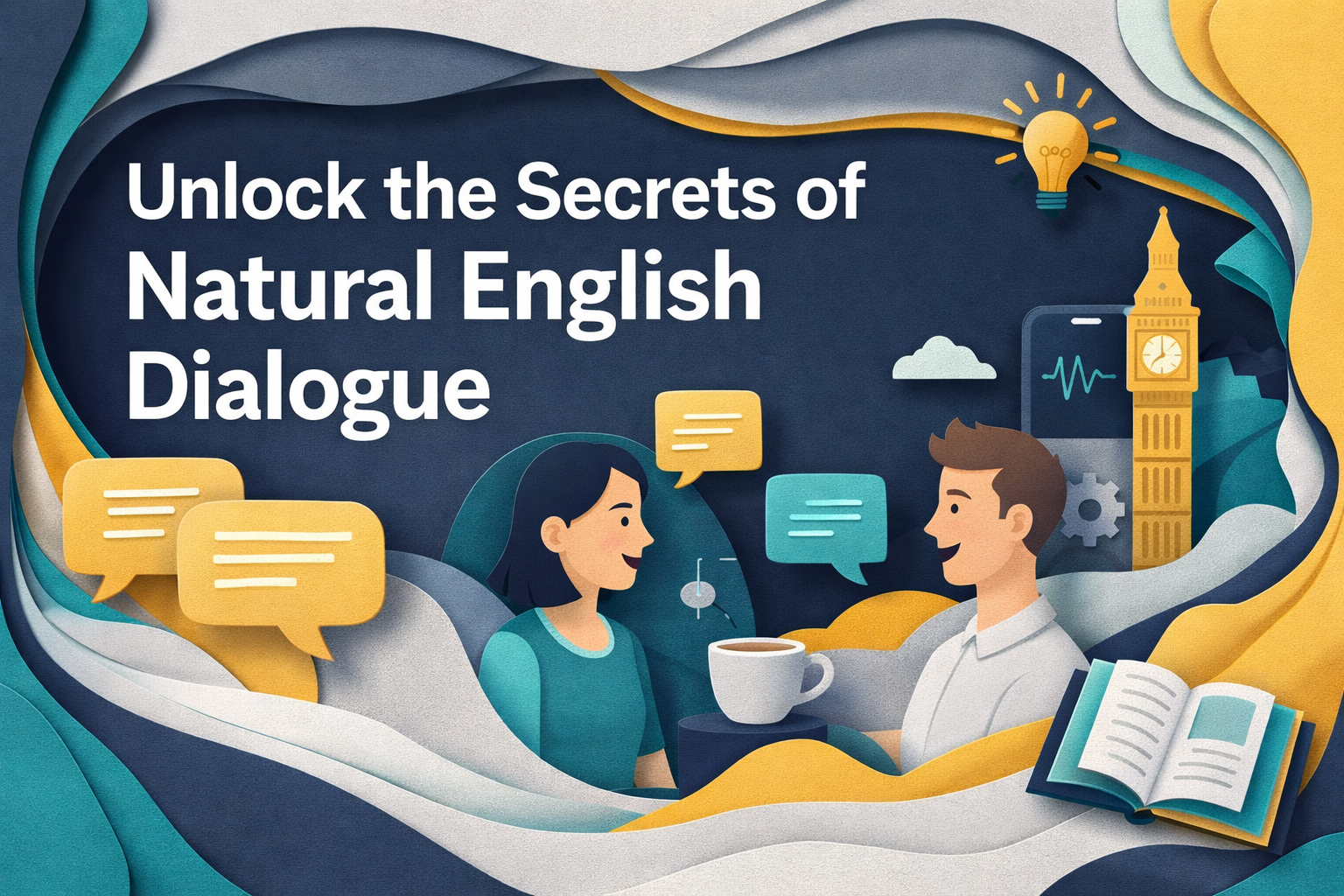 Wide banner for natural English dialogue, featuring a 3D paper cut art scene of two people having a warm conversation with speech bubbles, layered navy blue, soft gold, teal, and light gray design elements, and the title “Unlock the Secrets of Natural English Dialogue.”