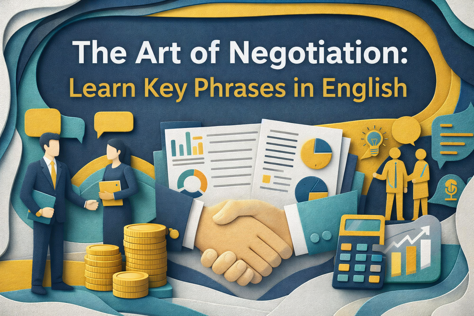 Wide 3D paper cut art banner for The Art of Negotiation: Learn Key Phrases in English, featuring business professionals, a handshake, charts, speech bubbles, and office symbols in navy blue, soft gold, teal, and light gray, representing negotiation phrases in English.