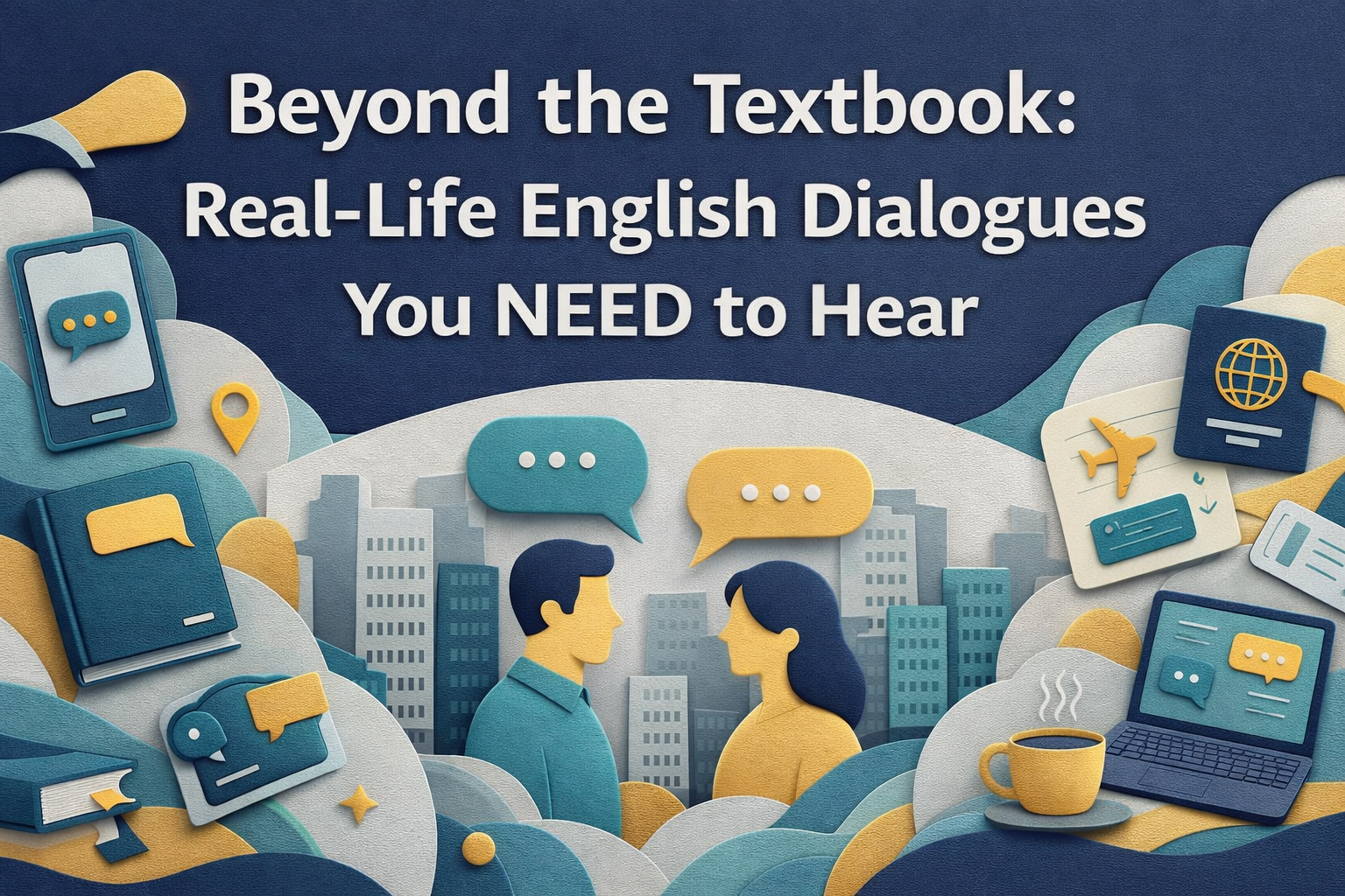 Wide banner for Beyond the Textbook: Real-Life English Dialogues You NEED to Hear in a 3D paper-cut style, showing two people talking in a city setting with speech bubbles, books, a phone, laptop, coffee cup, and travel icons in navy blue, soft gold, light gray, and teal.