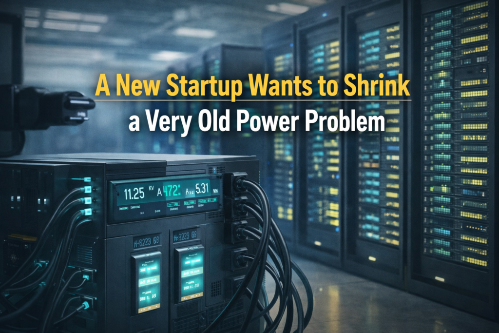 Wide banner showing advanced power infrastructure and AI data center technology for a solid-state transformer startup.